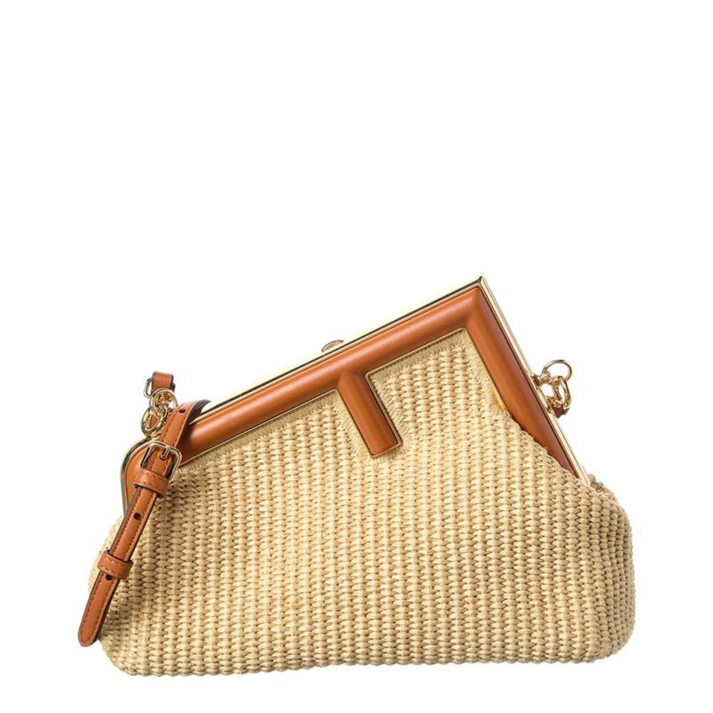 Fendi First Small Straw & Leather Shoulder Bag